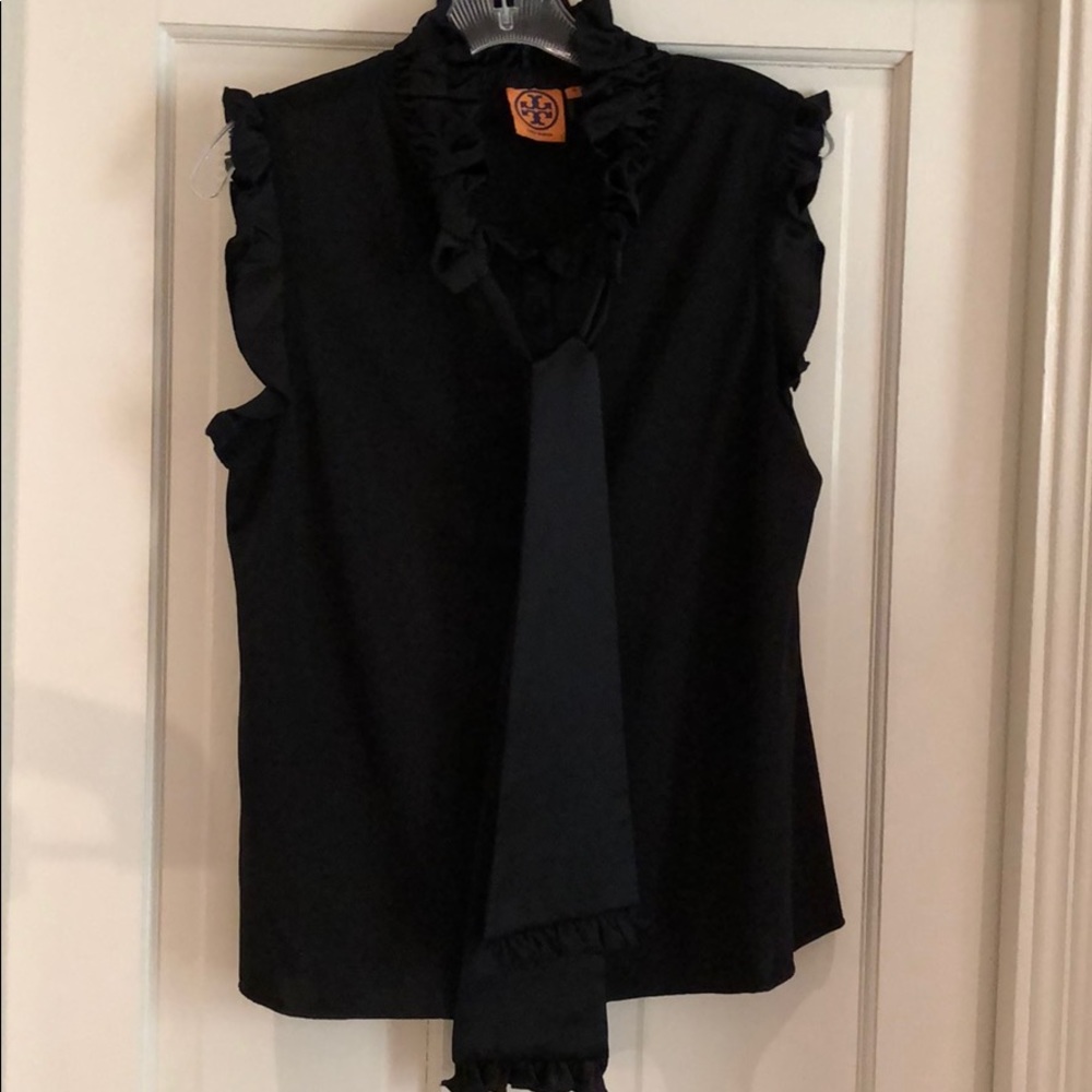 Tori Burch black sleeveless top with ruffle & tie